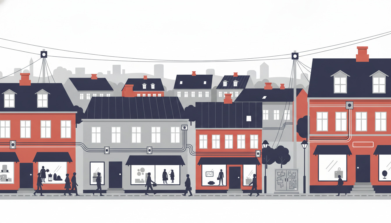 Haderslevs bymidte med røde mursten- og mørkt tagede bygninger, fiberoptiske kabler strakt over gaderne, forbindelseskasser på facader, tændte vinduer og gående mennesker - som repræsentation af moderne bredbåndsinfrastruktur.