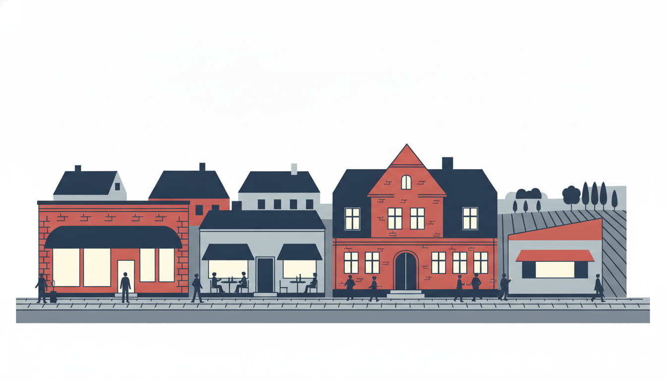 Flat-vector illustration af en charmerende dansk gade med spisesteder: en rød-mursten pizzeria, casual café med udendørs siddepladser, traditionelt rødt kro med spidst tag og takeaway-skranke, alle med karakteristiske butiksfacader under en skandinavisk tagkant.