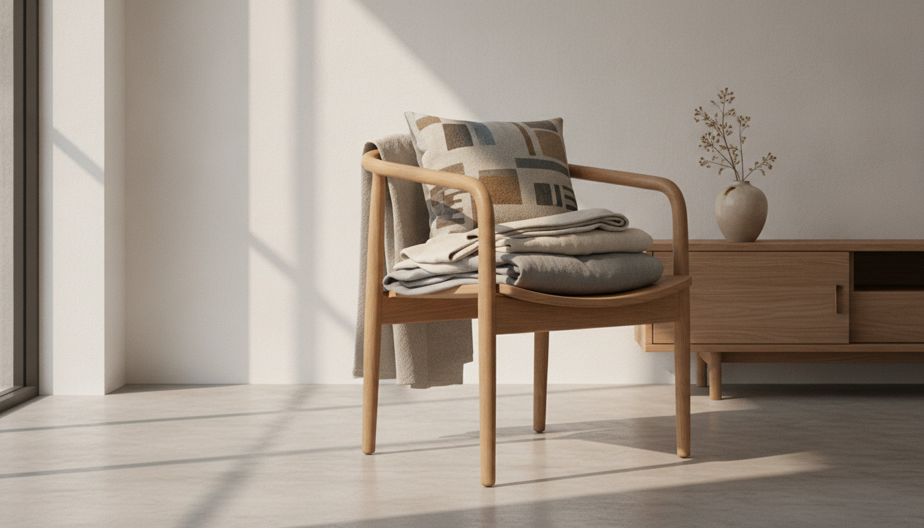 Træstol med pude og sammenfoldede tekstiler på neutral baggrund i nordisk design.