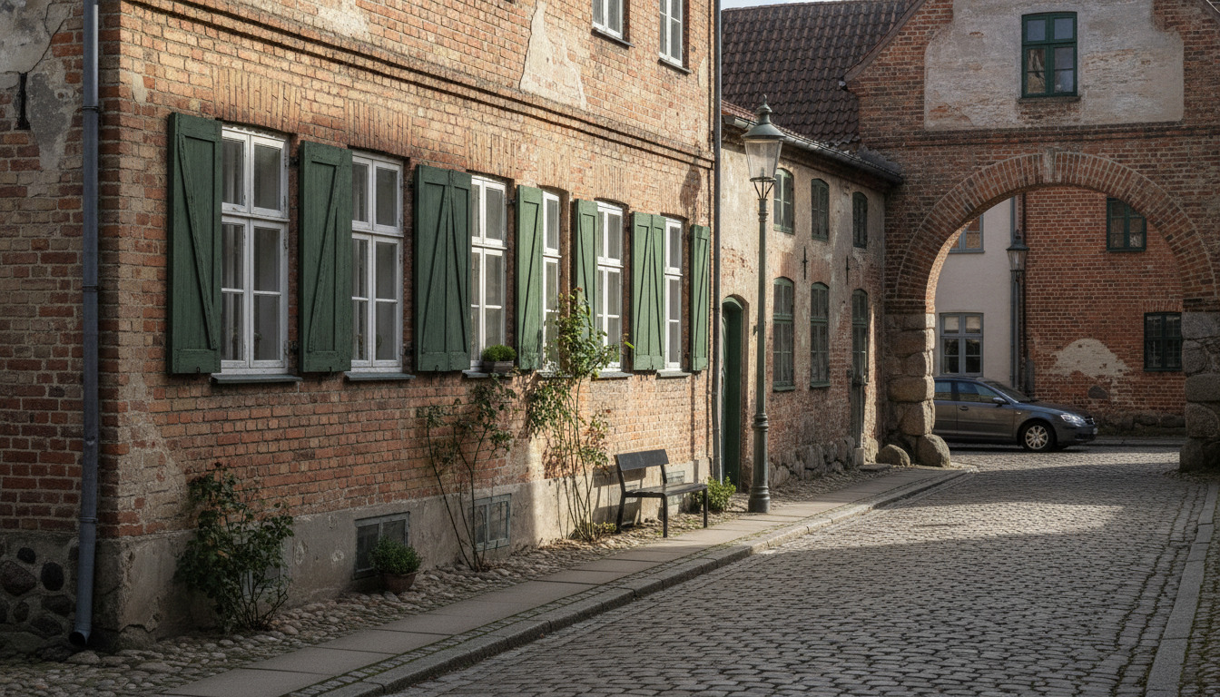 Tæt på rødt teglstensfacade med grønne trælukkere og små ruder, koblesten og skygger på dansk historisk byhus.