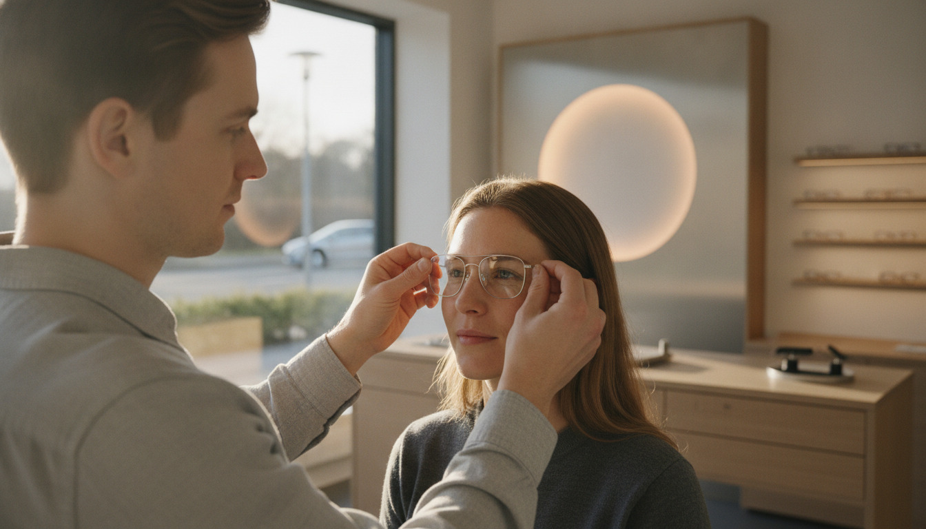 Optiker justerer briller på kundes ansigt i varmt dagslys. Detalje af professionel øjenpleje med skånsomme hænder og præcision.