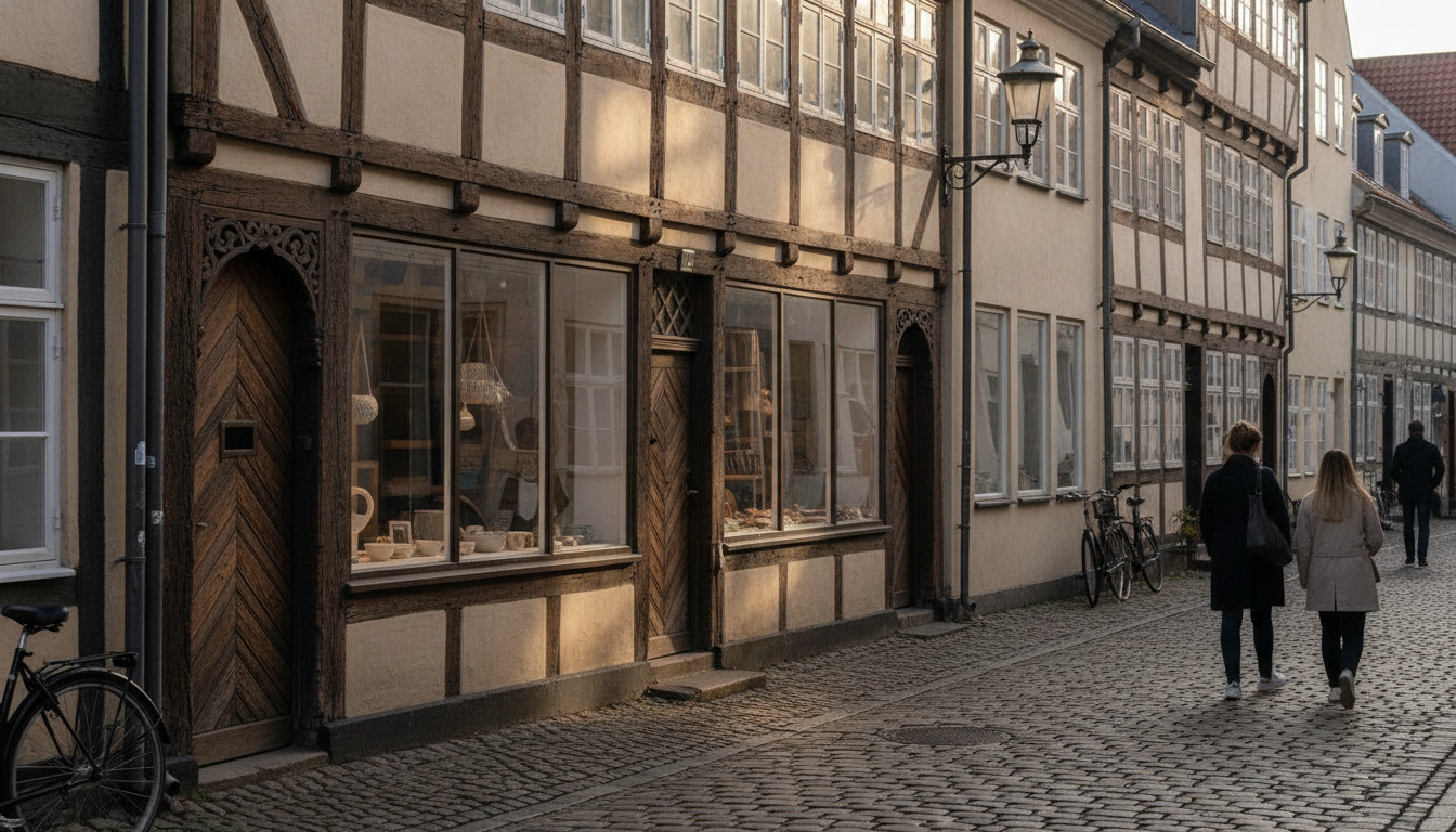 Halvtimbret bygningsfacader langs en nordisk gade med kobblestensbelægning, traditionelle butiksruder og detaljer af træ og jern.