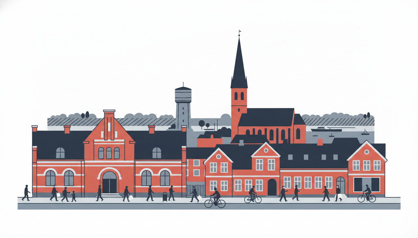 Illustration af Nakskov med Nakskov Station, Sankt Nikolai Kirke, Vandtårnet og historiske bygninger på Lolland.