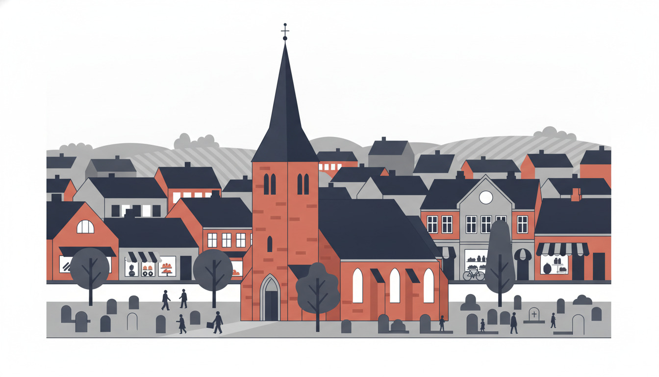Fladt vektor-billede af en dansk bysce med en rødstens sognekirke med høj mørk spir, buede vinduer og stenklokkestabel, omgivet af kirkegård med gravsten og træer, med beskedne beboelsestaghuse i baggrunden.