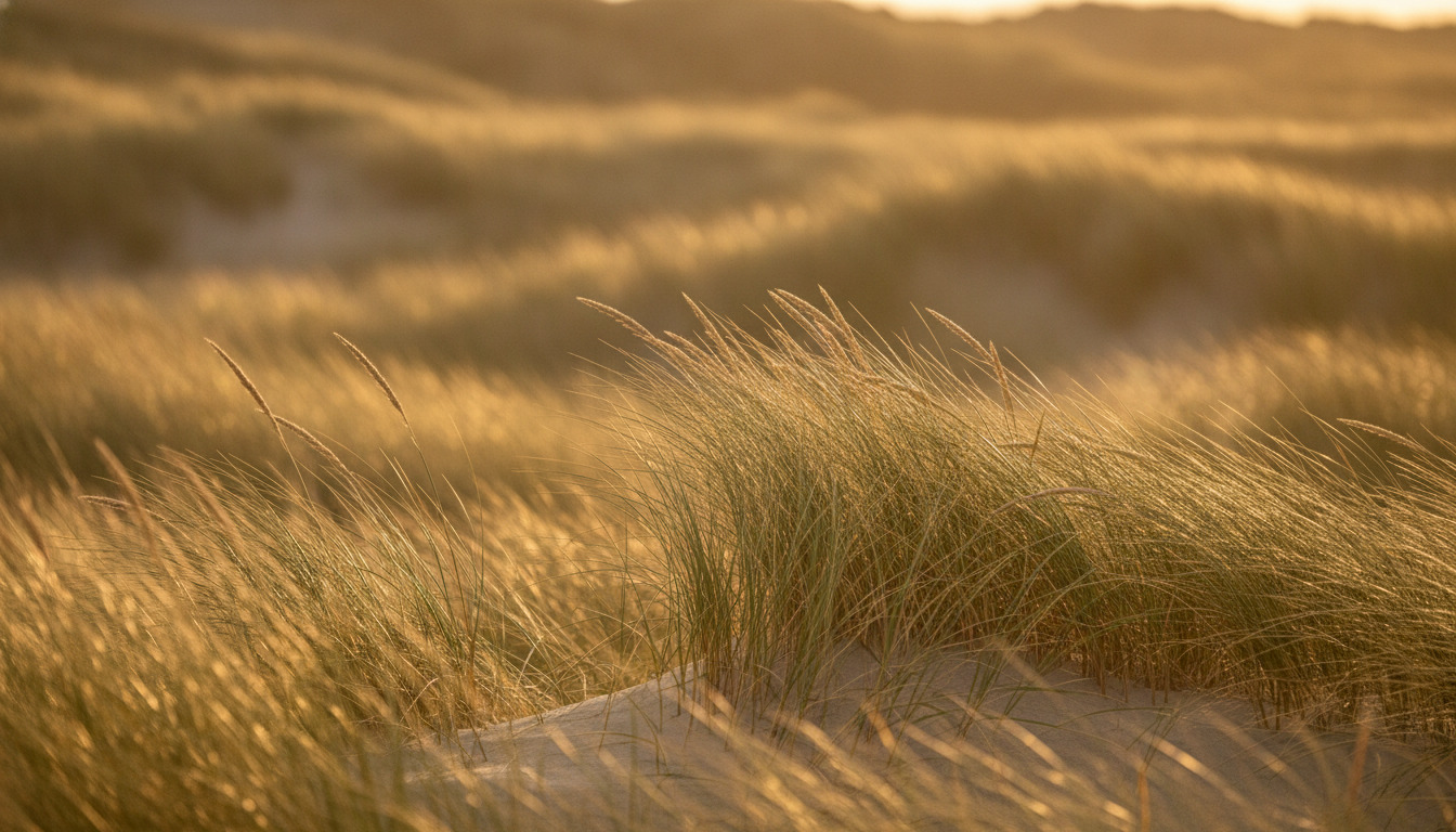 Nærbillede af strandgræs og sand i gyldent lys med lavt fokusudsnit og uskarp baggrund.