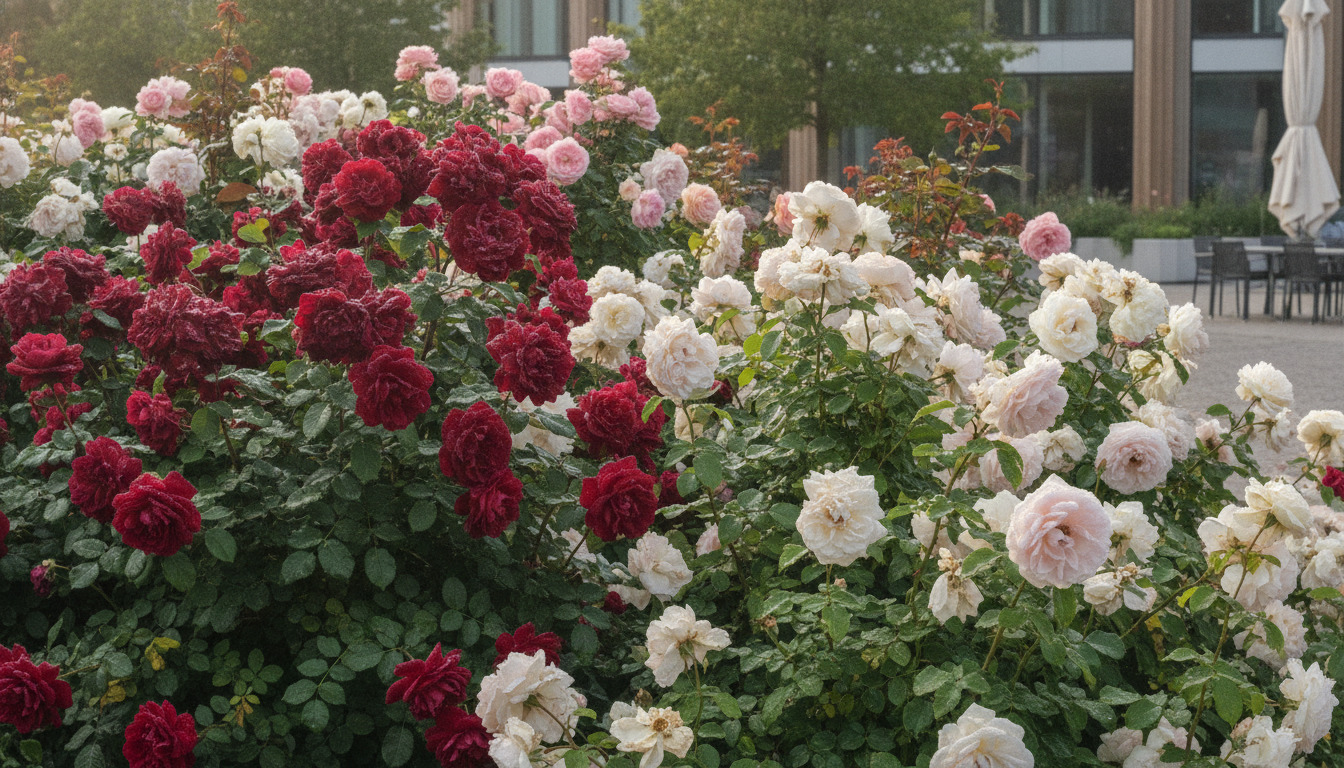 Blomstrende roser i rødt, pink og hvidt med dugdråber på kronbladene i en have.