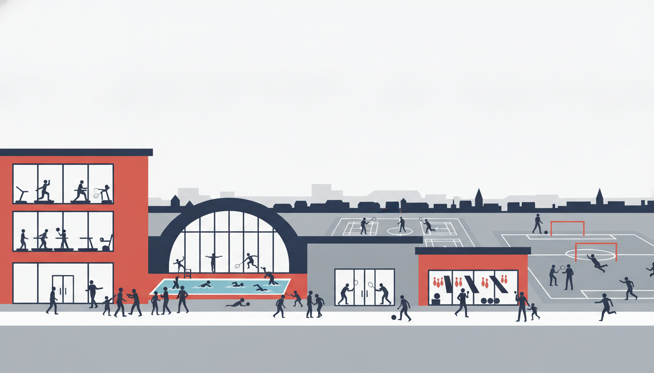 En livlig sports- og fitnesshub i Middelfart med moderne fitnesscenter med store vinduer, svømmehal, indendørs badminton- og boldbaner, bowlingbaner bag glas, og udendørs sportsbaner med mål.