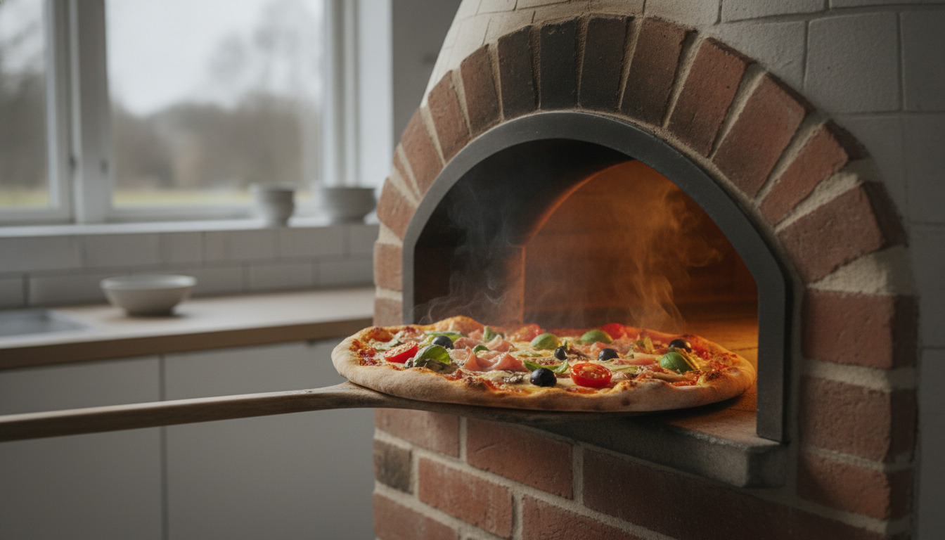Friskbagt pizza med ost, grøntsager og urter på træpeel foran en varm stenovn med gloende flammer.