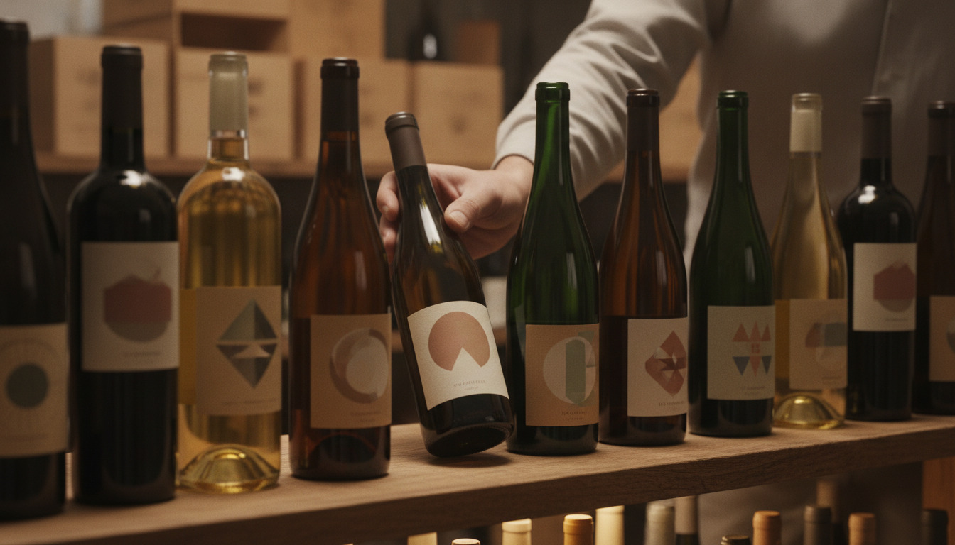Nærfoto af vinflasker på hyld med forskellige etiketfarver, sommelier-hænder undersøger en etiket i varmt lys.