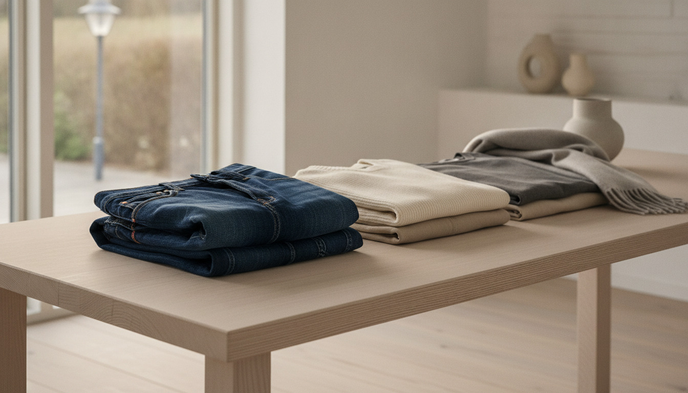 Neatt opstillede mørkeblå jeans og beige strikmaterialer foldet på lysbrun træbord i naturligt lys.