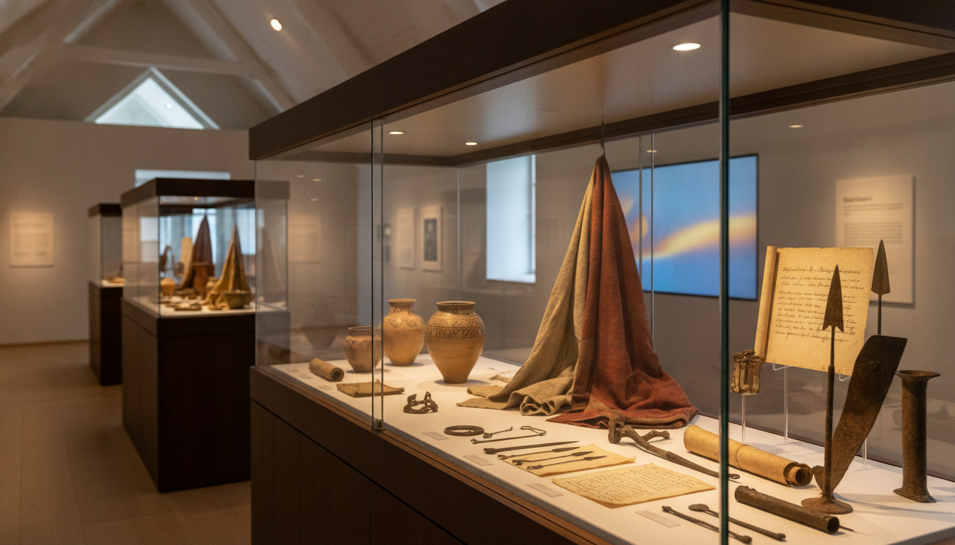Museumsudstilling med historiske genstande i lyseSølv af varm gallerilys—keramik, tekstiler og old metalværktøjer arkitektur er ikke en siger, det er en generisk museumsscene.