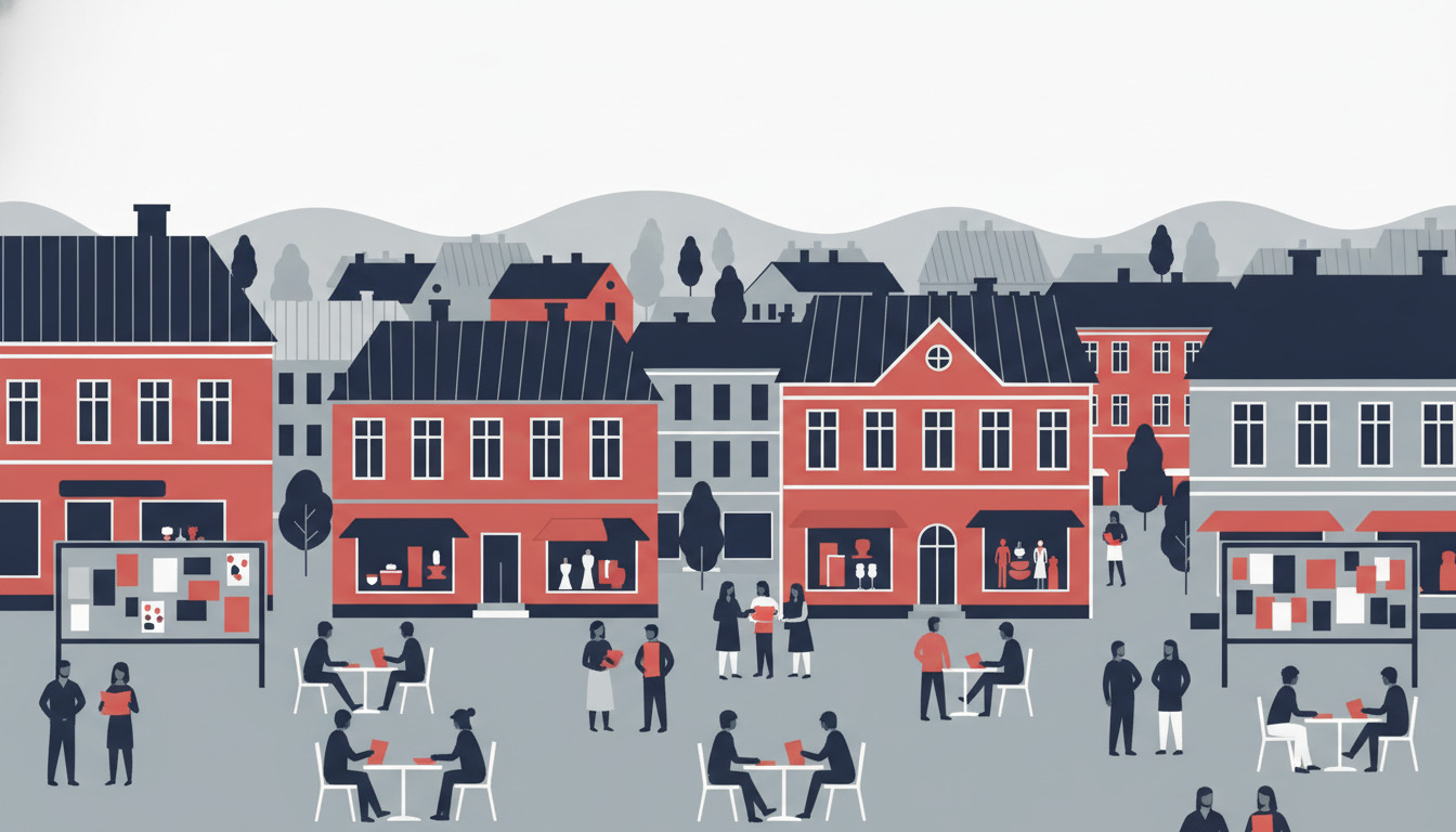 Vibrant fladt vektorillustreret torv i Bjerringbro med forskellige personer, der samles, samtaler og socialiserer. Røde og grå kommunale bygninger med spidse tage danner scenen; stueetage-butiksfacader og opslagstavler er synlige. Samfundsrettet gadebillede fylder hele komposition fra kant til kant.