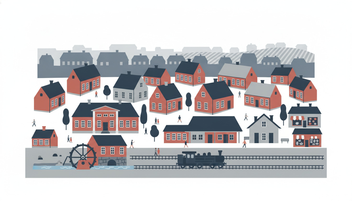 Fladt vektorillustration af Rask Mølle fra det 19. århundrede: en vandmølle med et iøjnefaldende hjul ligger ved en bæk (venstre forgrund), et damplokomotiv passerer på jernbanespor (center), og røde mursten-hytter og et herregård samler sig omkring disse vartegn under en stiliseret himmel.