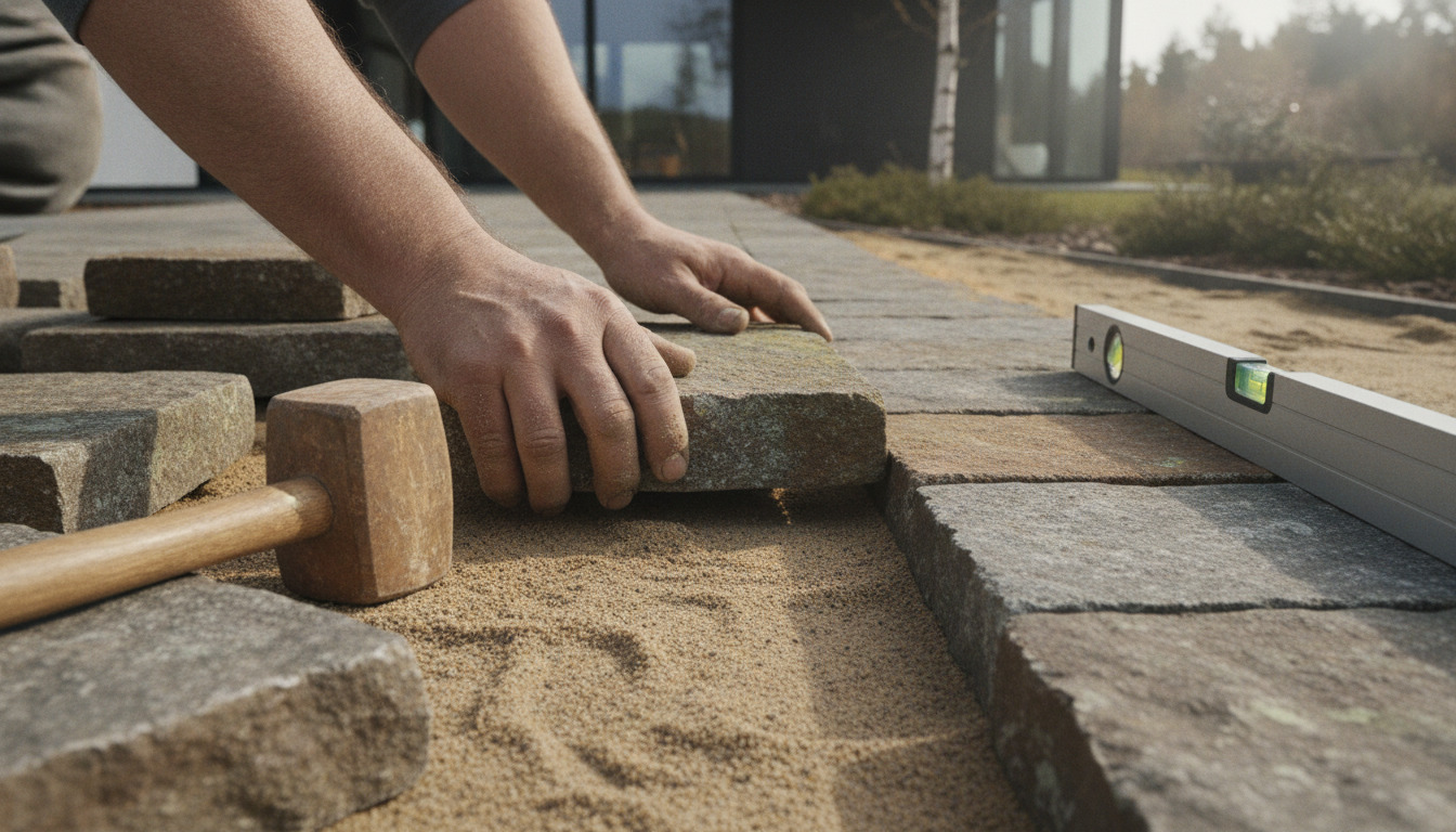 Håndværkerhænder lægger natursten på sandbund med gummihammer og vaterpas.