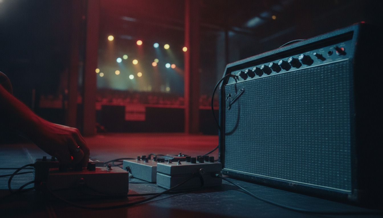 Tæt optagelse af guitarforstærker og effektpedaler med dramatisk rød og blå scenelysning i baggrunden.