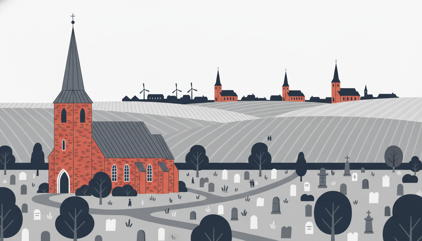 Solbjerg Kirke, en rød-muret landsbykirkke med høj spir, omgivet af gravsten og træer på kirkegården, med fire fjerne sognekirker synlige på tværs af bølgende landbrugsjord under en svag himmel.