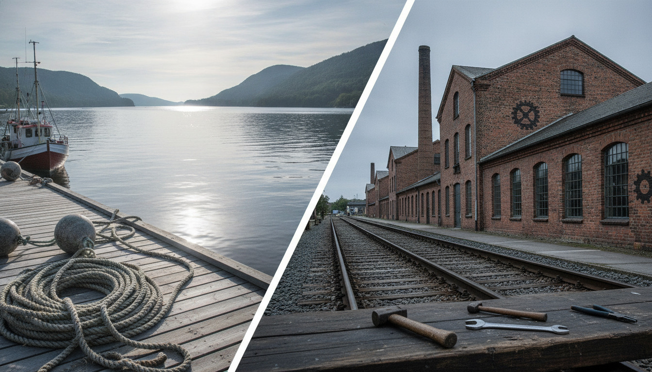 To sidevisninger: maritim détail med tov og mørkt vand (venstre), industriel détail med skinner og håndværktøj (højre).