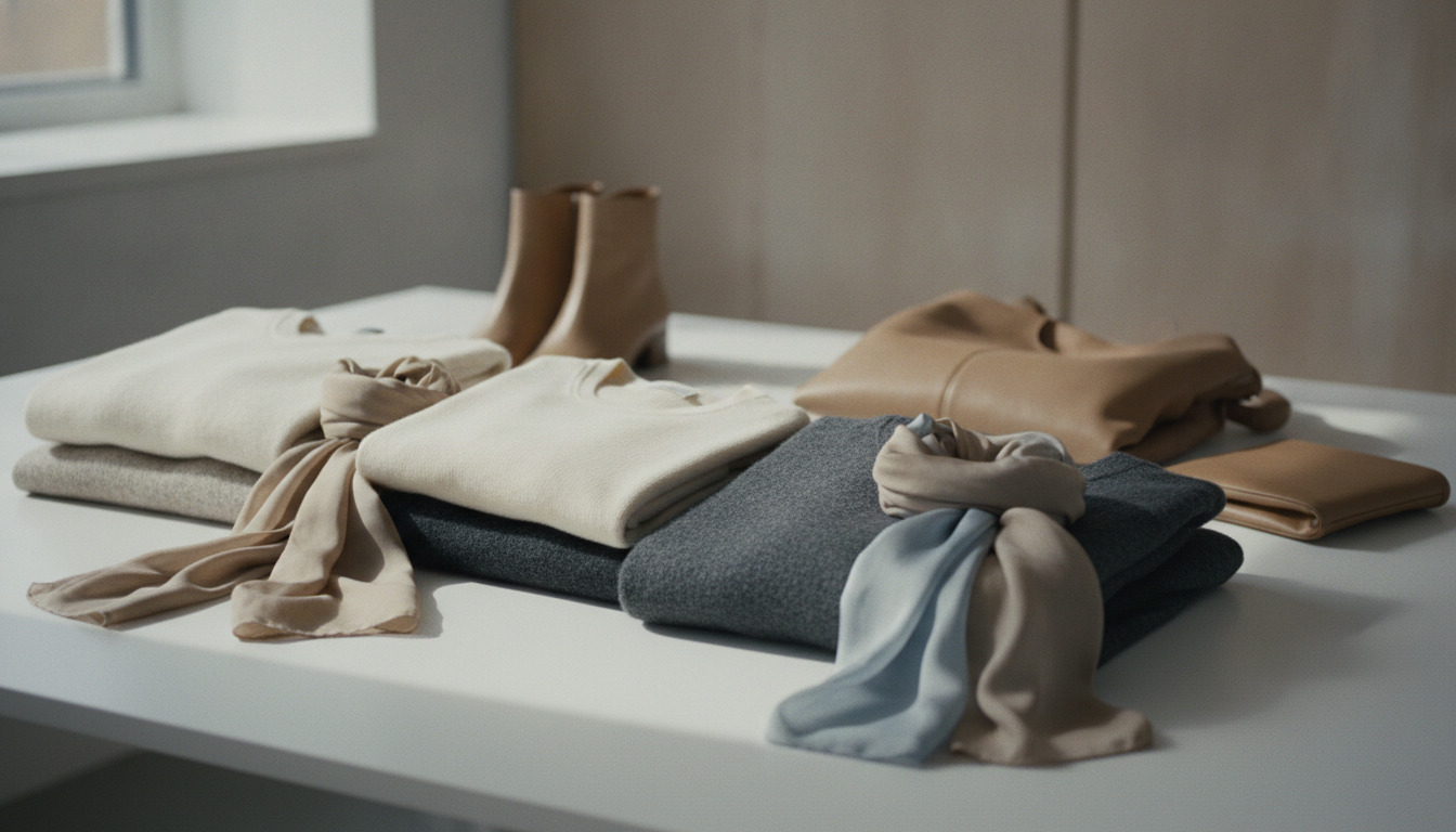 Sammenfoldede damekjoler i neutrale farver og teksturer, tørklæder og læderaccessories arrangeret på hvid overflade.