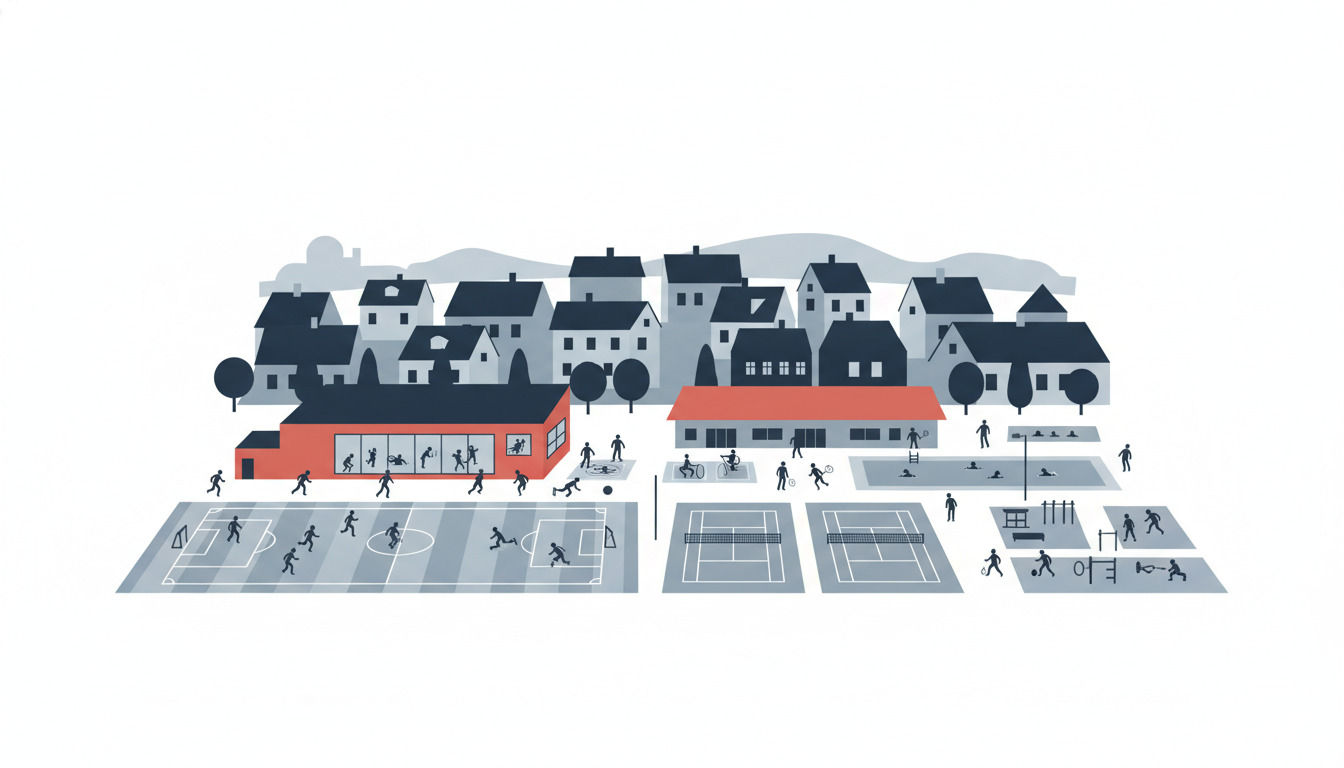 Albertslunds idrætsanlæg med fodboldbane, moderne rødt sportshus med synlige indendørs faciliteter, tennisbaner, svømmebassin og danske forstadsbyggerier i baggrunden.