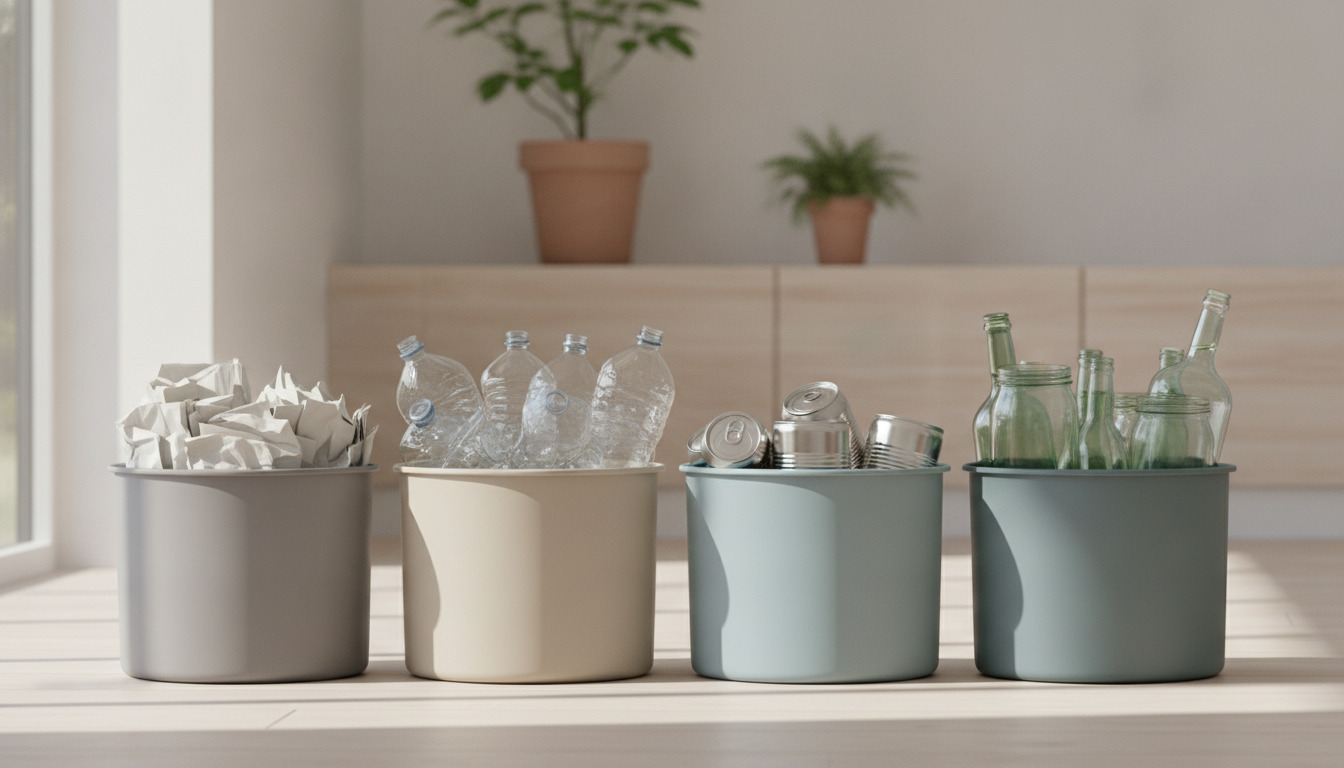 Sorteret affald i fire nordiske beholdere: papir, plastflasker, metalemballage og glassflasker ved naturligt lys.