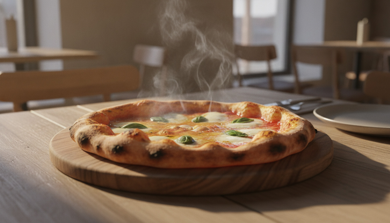 Friskbagt Napolitansk pizza med smeltende mozzarella og basilikum på træbræt med damp.