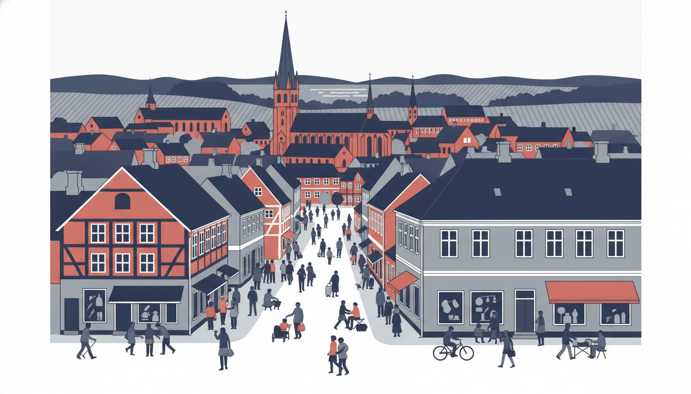 Haderslev by med domkirken og dens karakteristiske spir i midten, omgivet af røde mursten- og bindingsværksbygninger langs en travl huvudej med mennesker og cykelister.
