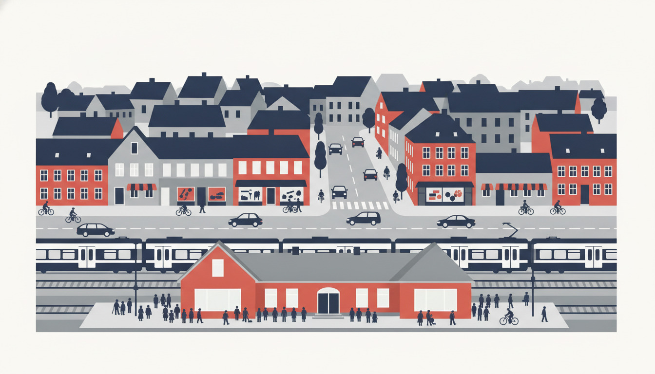 Jyderup town scene med stationen i forgrunden, tog på spor, cyklister på cykelsti, biler og busser på gaden, boligblokke og butikker langs gaden.