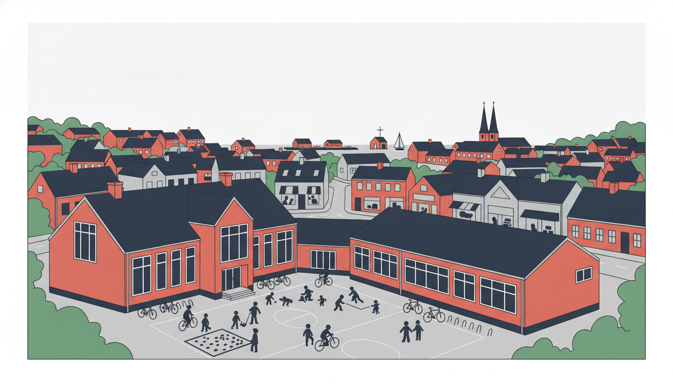 Solskinsskolens skolegård med karakteristiske røde mursten bygninger, børn der leger, cykler og grønne områder, med Skælskør kirkes spir og havnebaggrund i en illustration af en dansk kystby.
