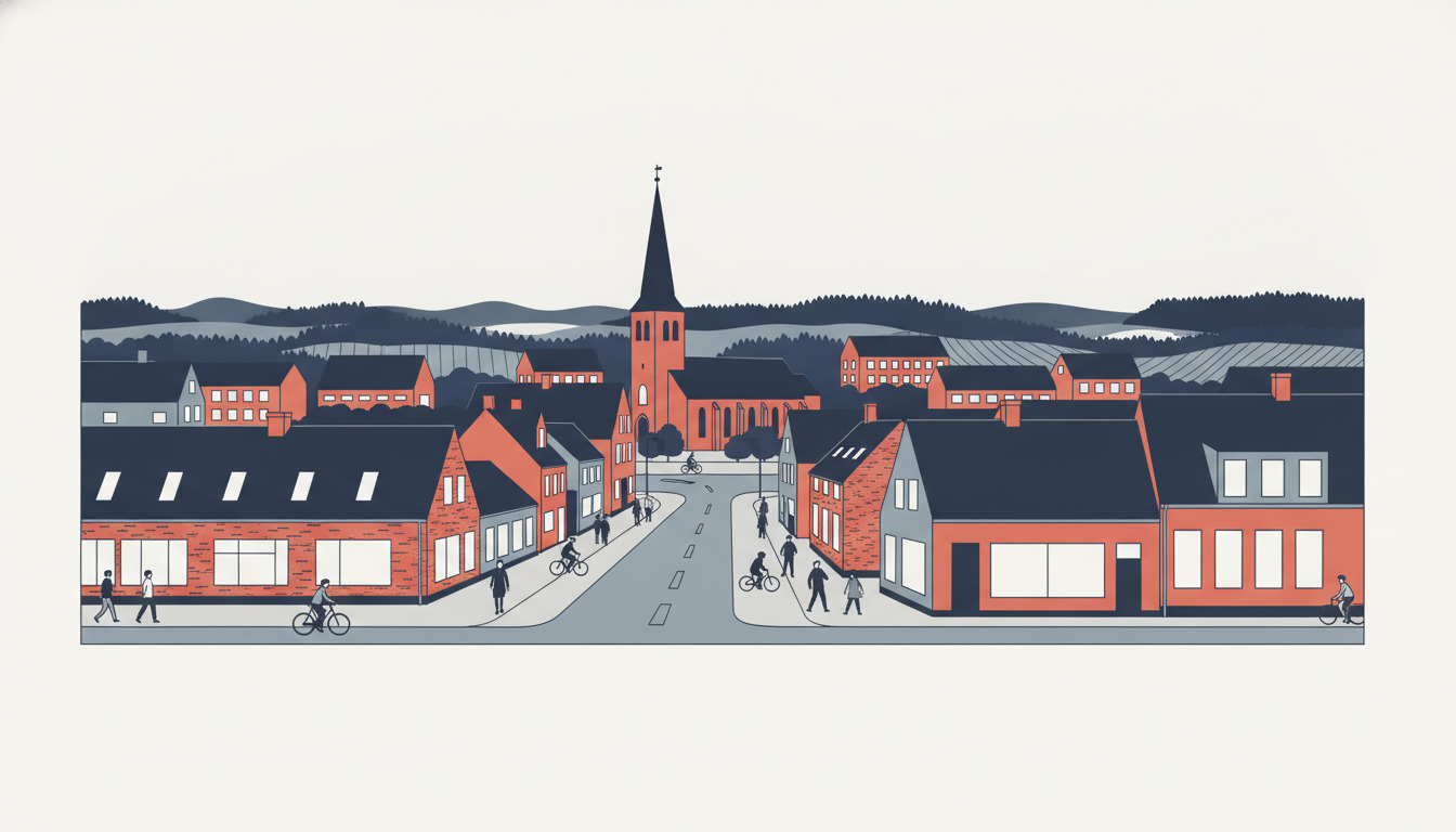 Flat-vector illustration af Brædstrup bymidte med det karakteristiske rødt murstens Brædstrup Kirke og høj spir, der dominerer skyline'en, omgivet af traditionelle danske murstensbyggeri, rullebakkede skove og byfolk med cykler på hovedgaden.