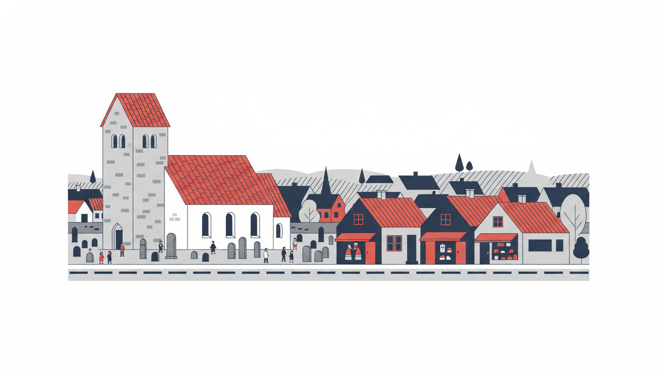 Fladt vektorillustrationen af Børkop Kirke: en hvidkalket romansk kirke med rødt teglstentag og fremtrædende stenstenklokketårn, omgivet af gravsten, placeret blandt traditionelle danske landsbykircetage og landdistrik.
