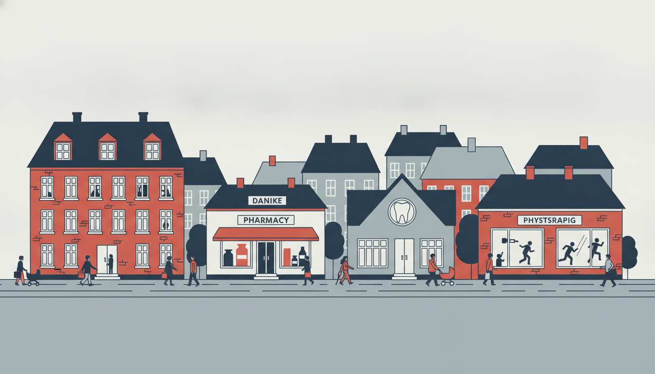 Flad vektorillustration af en dansk bygate med et sundhedscenter: rødt boligbyggeri, apotekspand, tandlægeklinik med tandtegn, og fysioterapipraksis med træningsikoner, med fodgængere og boligtagskonstruktioner.