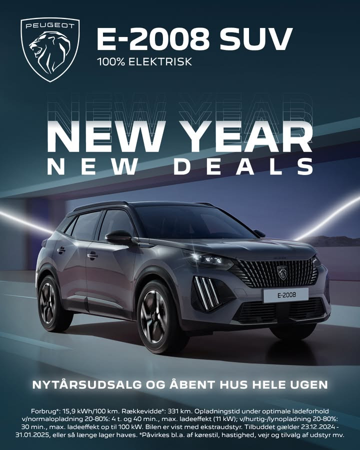 Henrik Christensen - Fredericia annoncerer nytårssalg på Peugeot E-2008 Style med besparelse på 15.000 kr.