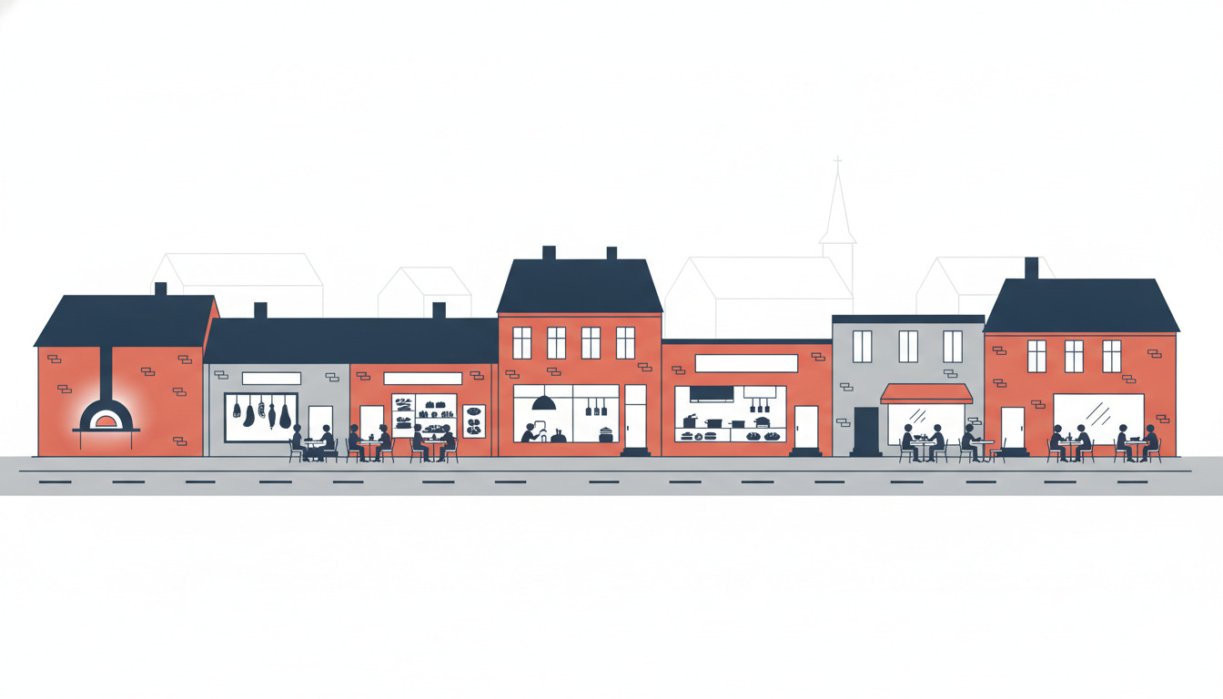 Flad vektorillustration af Brædstrups spisequarter omkring Banetorvet, med røde mursten-restauranter med lysende butiksfacader, pizzaovne, en slagterbutik med hængende kød, et bageri, udendørs caféplaceringer og en kirketårn i baggrunden.