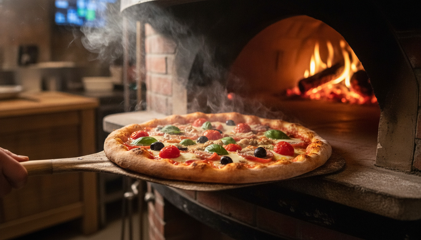 Nybagt pizza med smeltende ost og toppings på pizzaopskærer foran ovn med varme og damp.