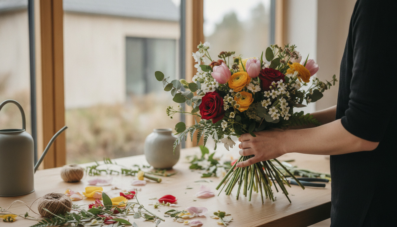 En blomsterbutiks arbejdsbord med hænder, der holder en farverig buket med roser, tulipaner og blomsterstammer.