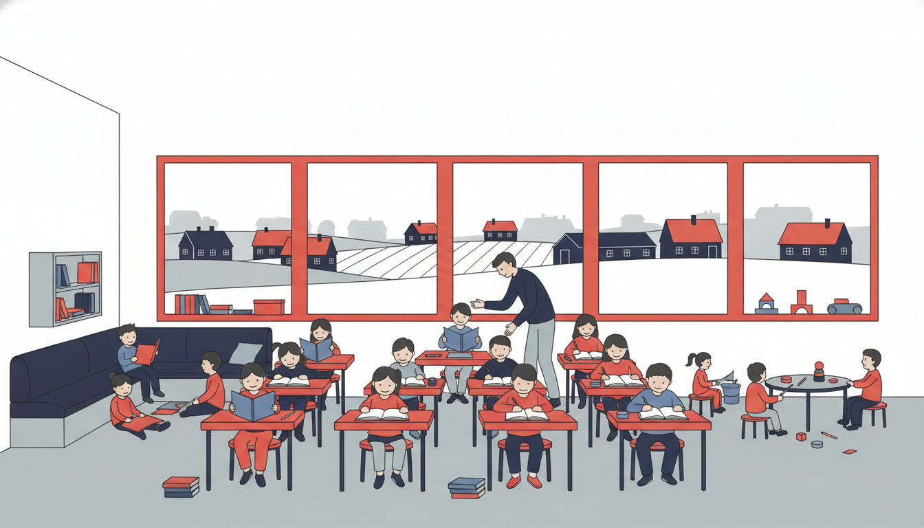 Klassværelse på Bryrup Skole med elever fra forskellige aldersgrupper ved skriveborde, læsekrog og legeområde. Lærer assisterer i baggrunden. Store vinduer viser dansk landsby og Bryrup-tage uden for.