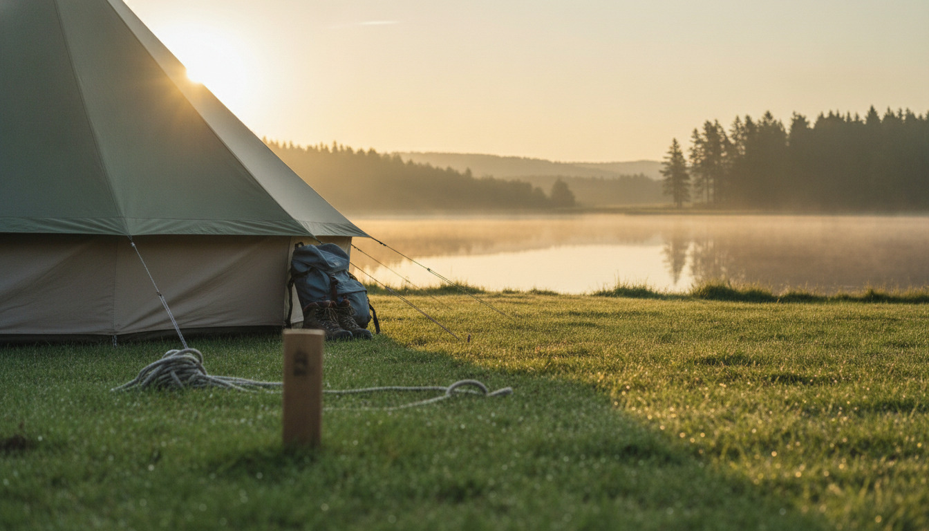 Telt og campingudstyr ved søbredden i gylden morgenlys med tåge over vandet.