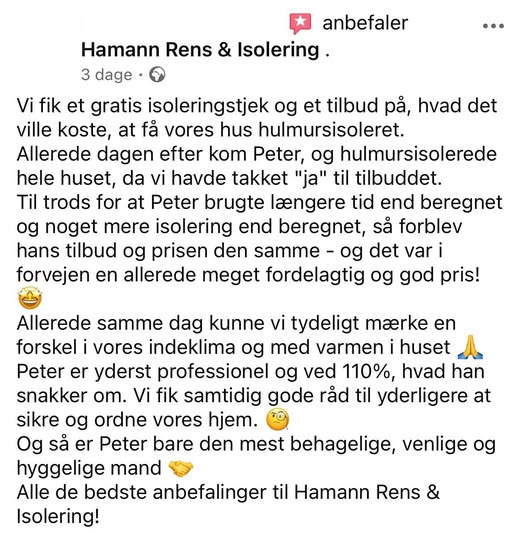 Kunder roser Hamann Rens & Isolering for tryg og behagelig serviceoplevelse