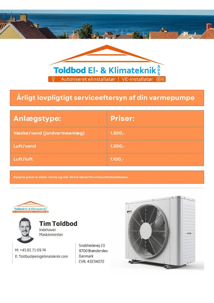 Toldbod El- & Klimateknik ApS tilbyder professionelt serviceeftersyn af varmepumper