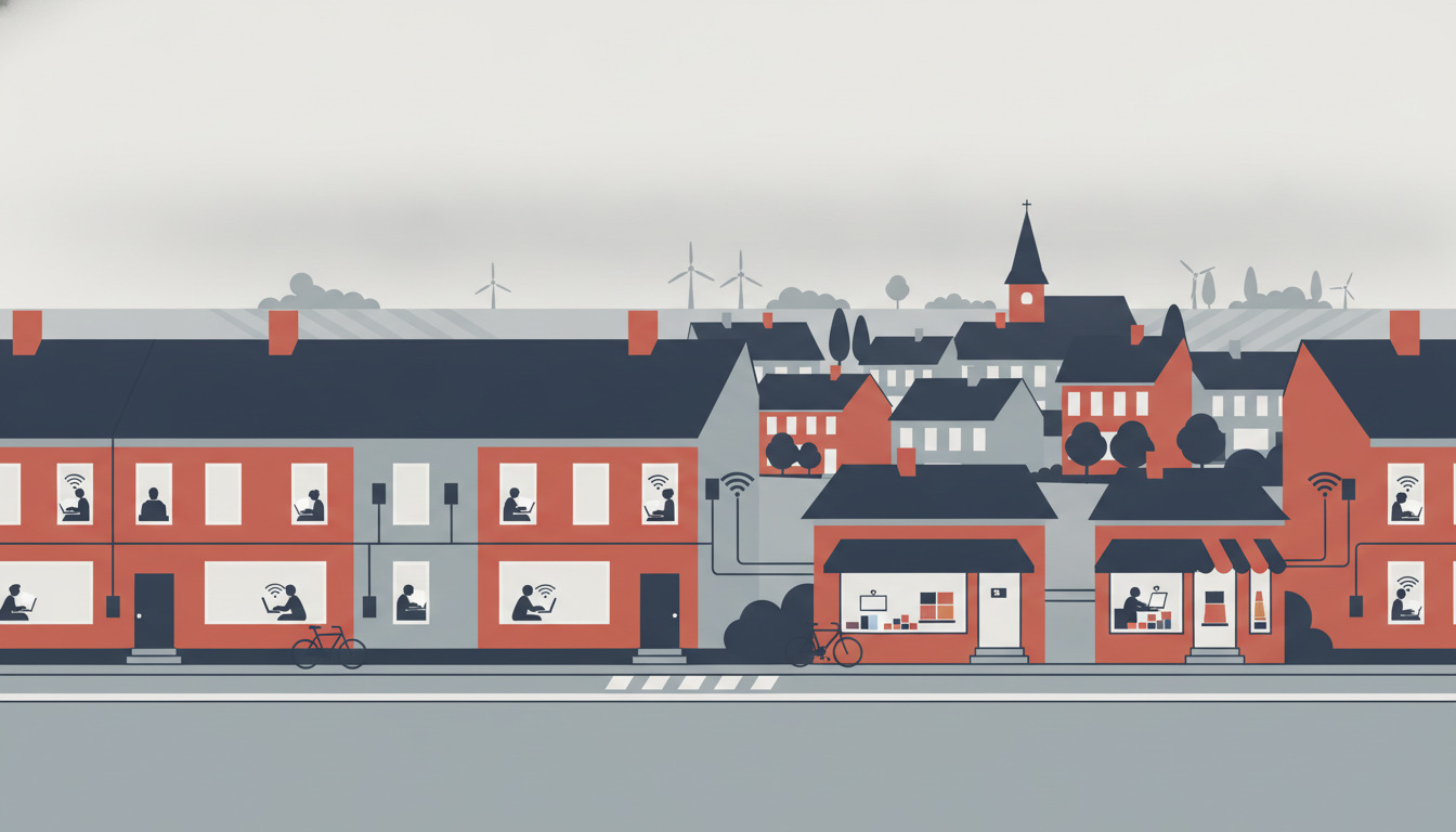 Flat-vector illustration af dansk beboelseskvarter med røde og grå huse, synlige fiberoptiske kabler, beboere med digitale enheder ved vinduer, cykelstativ, kirketårn i baggrund, vindmøller og connectivity-ikoner.