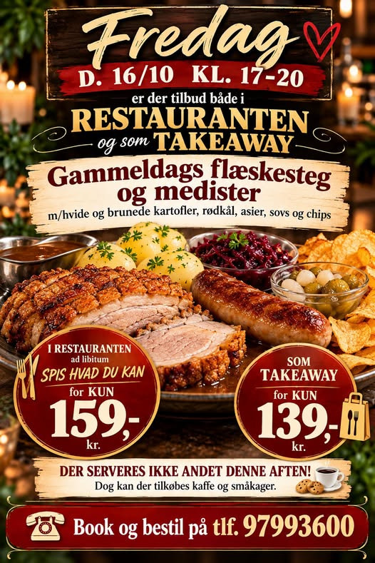 Vesløs Kro holder restauranten åben fredag med flæskesteg og medister