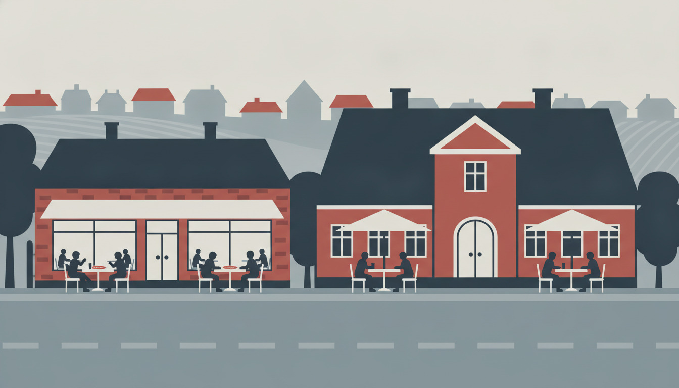 Flad vektor-gadeplan scener i Rask Mølle: en rød-murstenspizzeria med store vinduer og afslappet sitteområde til venstre, en traditionel dansk kro med central indgangstårn og spidst tag til højre, silhuetter af mennesker, der spiser ved udendørsborde, mørke-taget huse og træer i baggrunden.