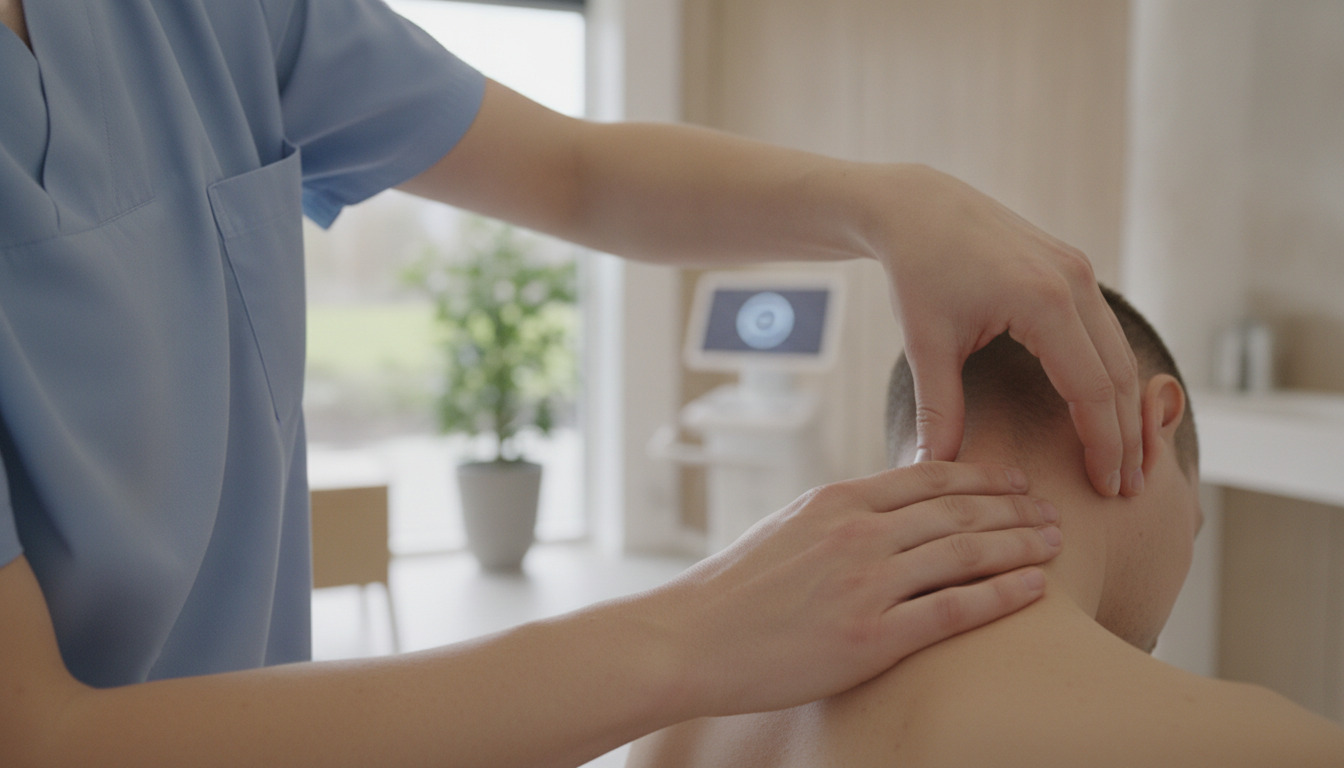 Sundhedsprofessionel undersøger patientens skulder med hænder i lyst, minimalistisk klinisk miljø.