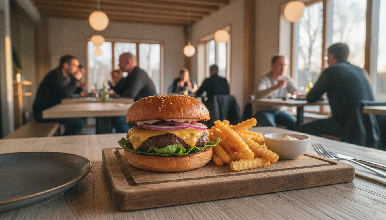 Tætbillede af en saftig burger med smeltost og sprøde pommes frites på træbræt med uskarpt baggrund.