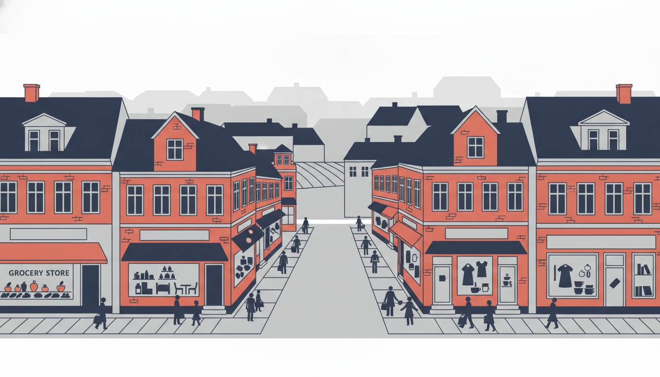 Maribo shoppinggade: charmerende fodgængerzone med historiske røde mur- og cremefarvede bygninger, butikkerne omfatter dagligvarebutik, apotek, møbelforretning og specialbutikker med butiksvinduer, shoppere spadserer på fortovet.