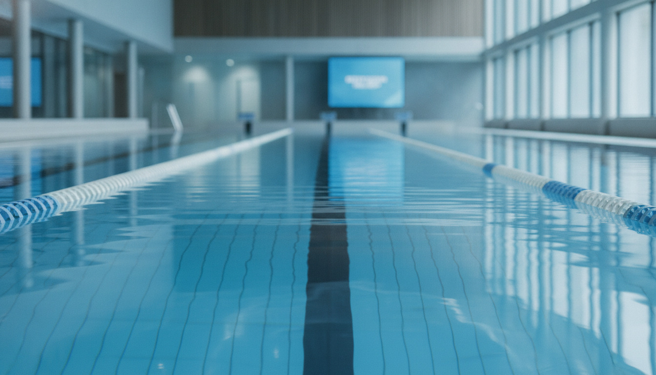Tæt billede af klart blåt poolwater med bølgelinjer og banemarkering i dagslys.