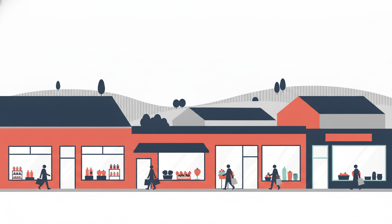 Farverig række af butikker med store vinduer, hvor kunder med indkøbsposer går forbi supermarkeder og butikker. Boligtagene og dansk landskab ses i baggrunden.