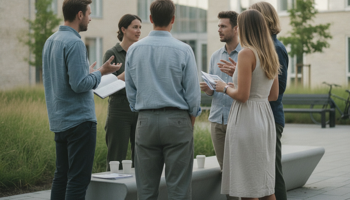 Gruppe af mennesker i samtale og debat udendørs med notater og kaffekrus — generisk mødesce.