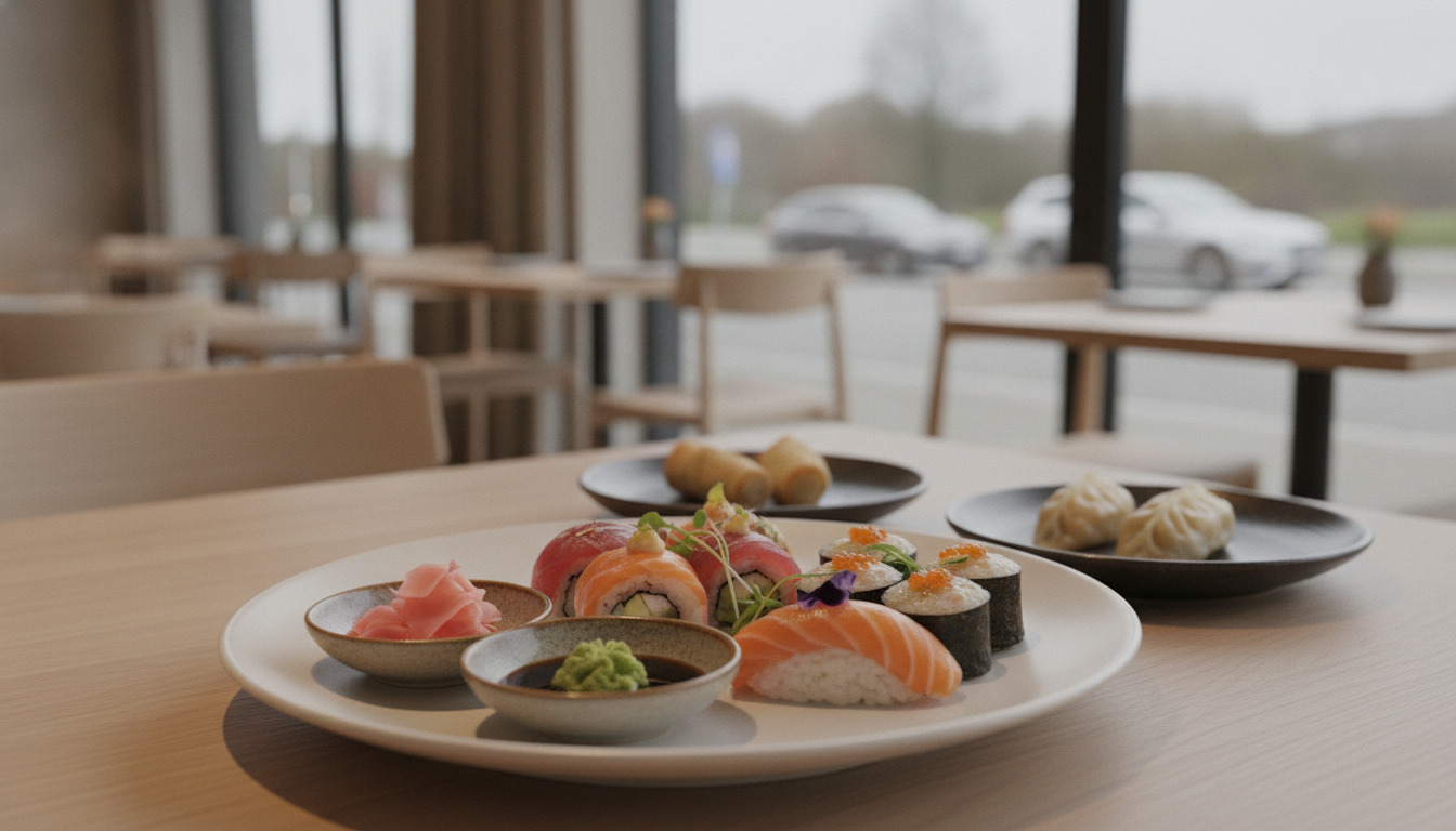 Nærbillede af elegant anrettet sushi-assortiment med laks, ingefær, wasabi og soja i små skåle.
