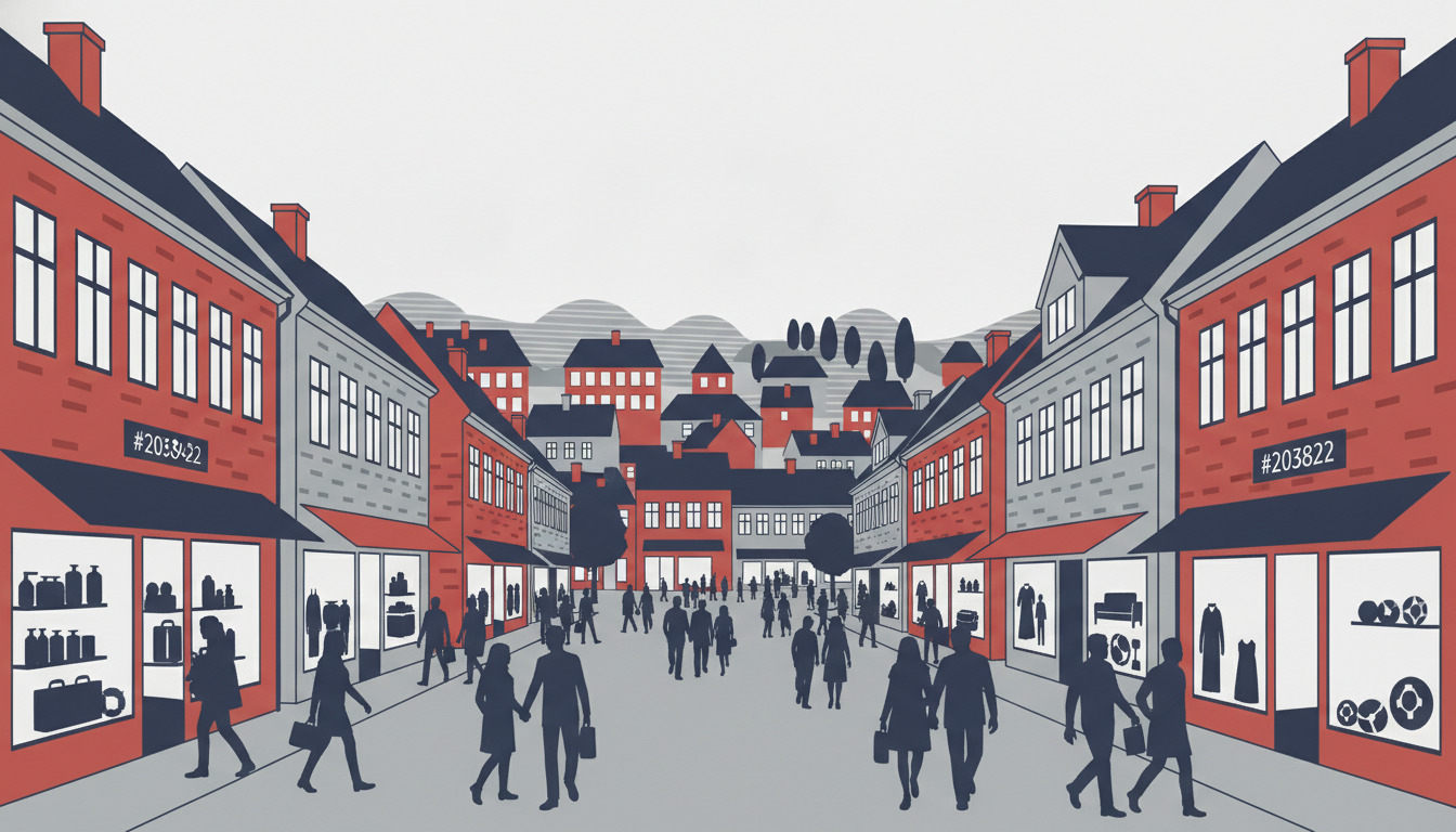 Levende gågade i Fåborg med røde mursten-facader, varierede butikvinduer med udstillede varer og kunder, der handler. Dansk arkitektur med karakteristiske taglinjer og skorstene omkranser det travle bycentrum med detailhandel.